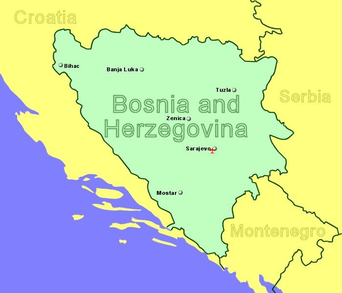 Large Map of Bosnia and Herzegovina showing all airports with scheduled flights from the UK or Ireland